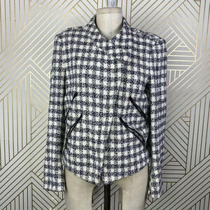Zara Basic Checker Plaid Tweed Moto Jacket in Black & Cream Size US Medium